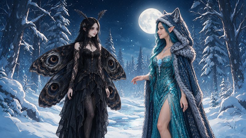 Two fantasy fae characters, one moth-winged and one wolf-hooded, face each other in a moonlit sno...