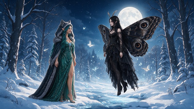 Elven woman and moth-winged fairy meet beside a frozen stream in a moonlit snowy winter forest