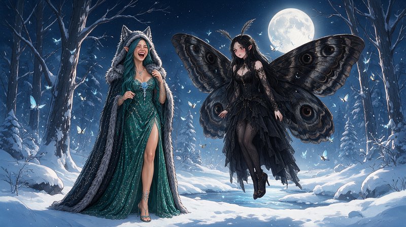 Laughing teal-haired elf stands beside a floating moth-wing fairy in a moonlit snowy winter forest