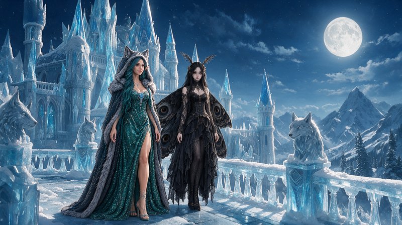 Two fantasy fae women stand on an icy castle terrace flanked by ice wolf statues under a bright f...