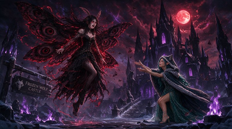 Corrupted winged fae confronts pleading elven woman outside a gothic castle under a glowing blood...