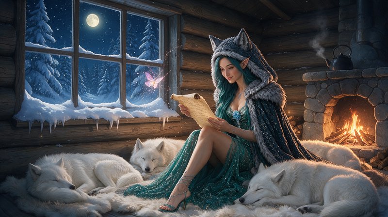 Elven woman in a wolf hood reads a scroll surrounded by sleeping white wolves in a cozy snowy log...