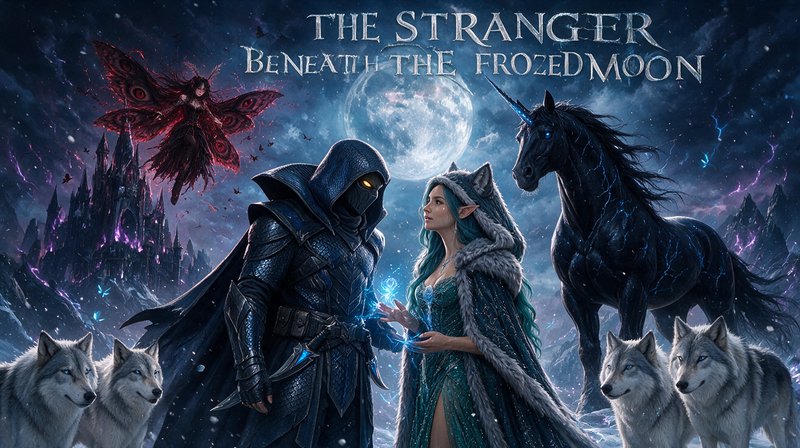 Fantasy book cover featuring hooded warrior, elven mage, wolves, and dark unicorn beneath a glowi...