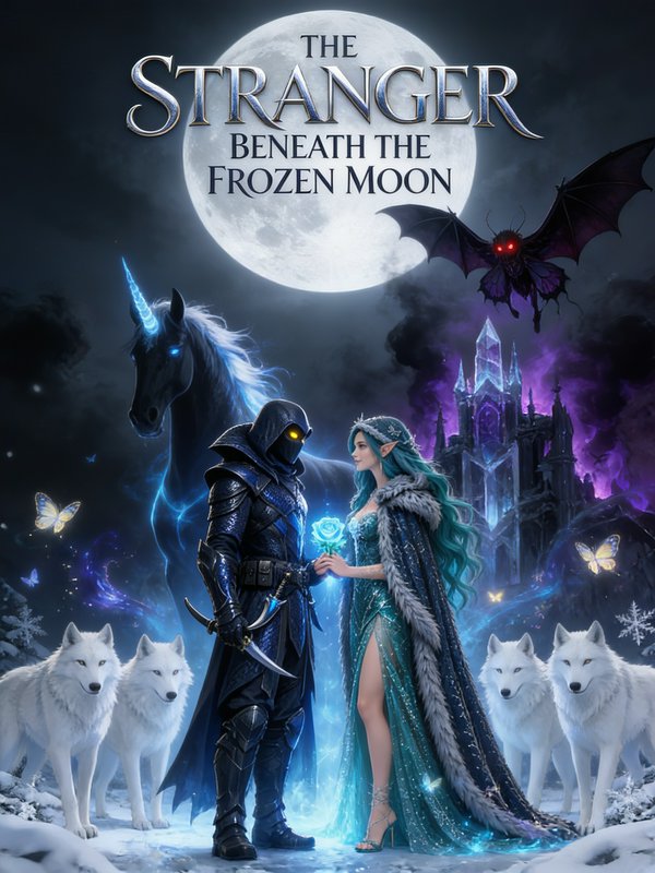 Dark fantasy book cover showing an armored rogue and elven queen standing with magical creatures ...