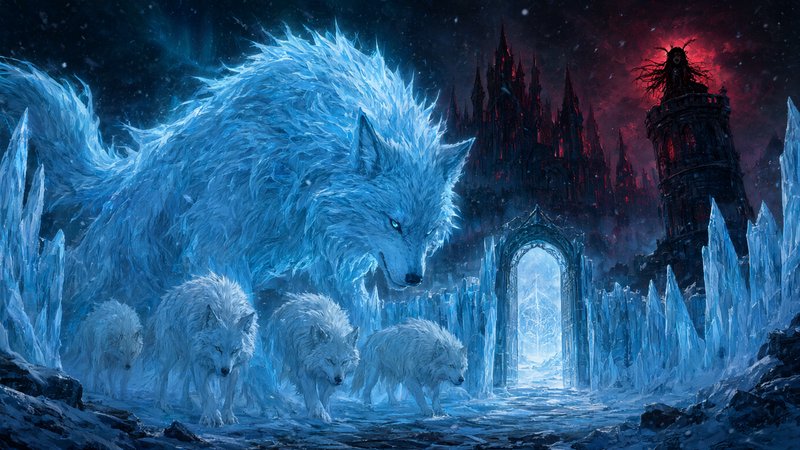 Giant glowing ice wolf leads a pack of white wolves across a frozen landscape near an icy portal ...