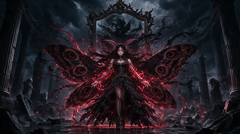 Dark moth goddess with glowing red eyes stands before an ornate portal in a crumbling ancient temple