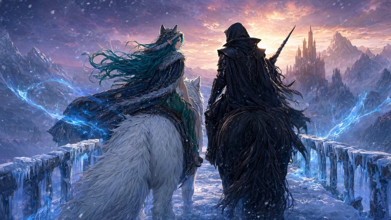 Teal-haired elven mage and hooded dark knight ride mythic mounts across an icy bridge toward a di...