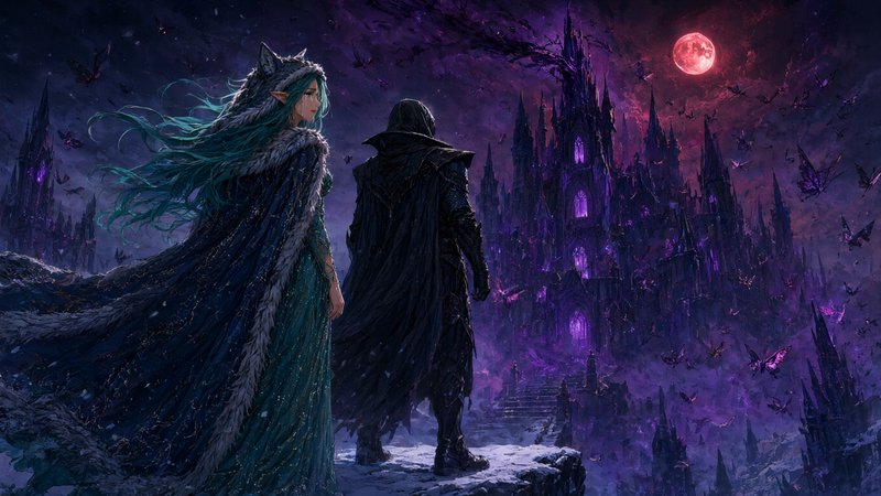 Turquoise-haired elf and hooded warrior stand before a glowing gothic castle under a red blood moon