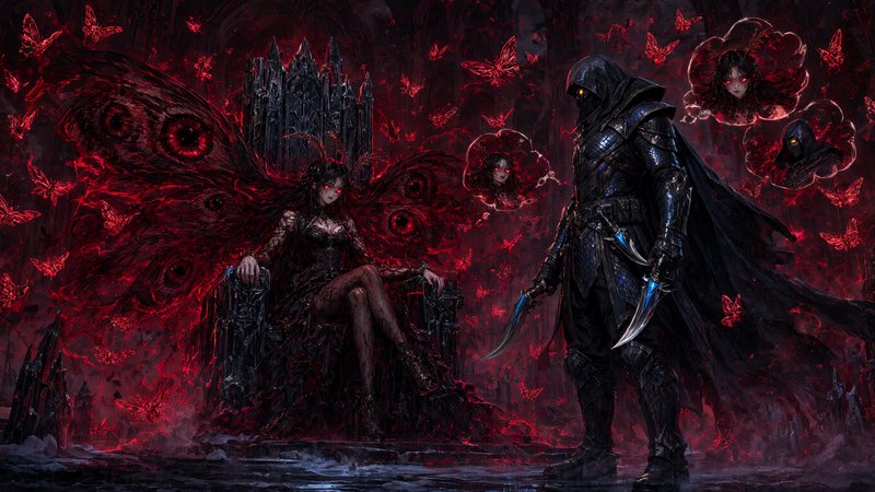 Red-eyed demon queen on dark obsidian throne faces hooded armored assassin amid glowing red spiri...