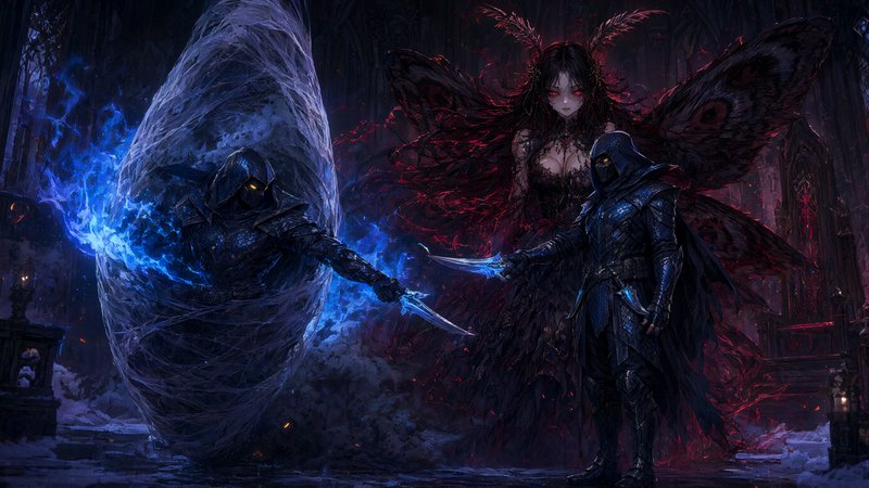 Dark fantasy scene with a moth fairy queen, hooded assassins, and glowing blue enchanted daggers ...