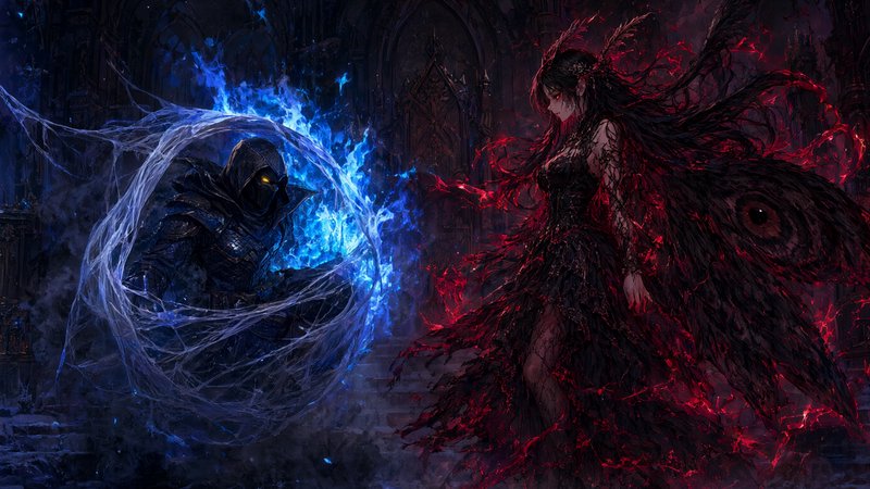 Hooded armored knight wreathed in blue magic faces a menacing dark sorceress with red magic in a ...