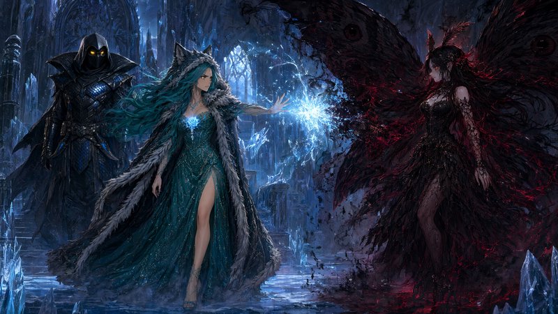 Cat-eared ice sorceress casts glowing magic against a dark winged foe beside a hooded guardian in...