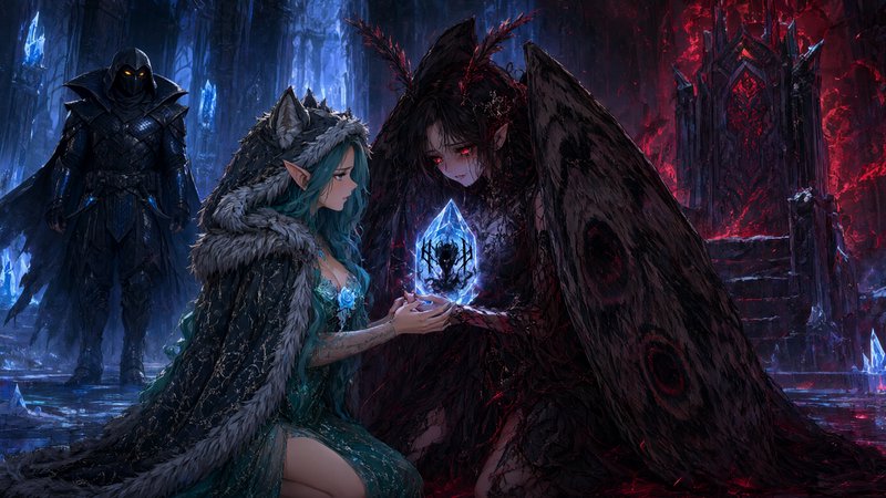Teal fur-cloaked elf and dark moth-winged fae hold a glowing runed crystal in a split gothic thro...