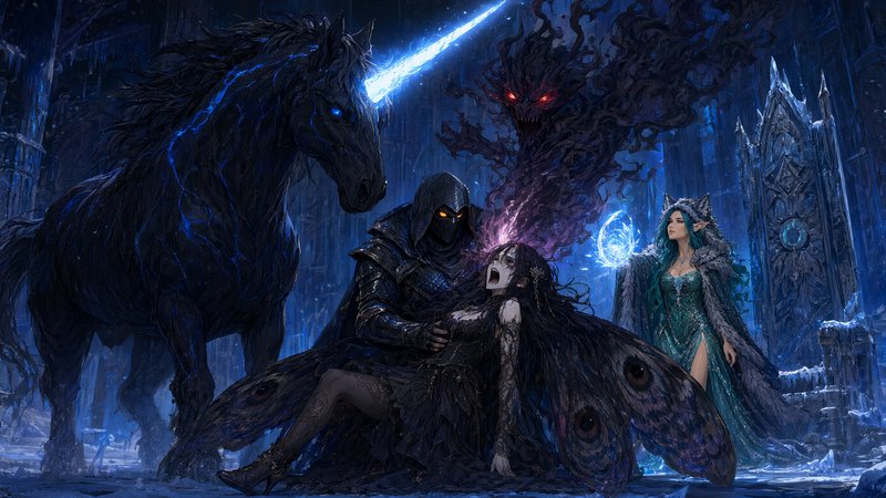 Hooded dark knight holds a distressed winged fae surrounded by supernatural companions in an icy ...