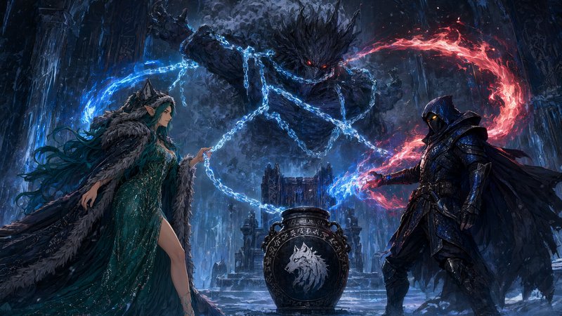 Elven sorceress and hooded armored mage clash with magic to restrain a chained demon in an icy th...