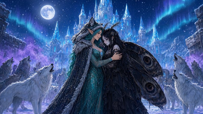 Two fantasy characters embrace as white wolves howl around them before an ice castle under an aur...