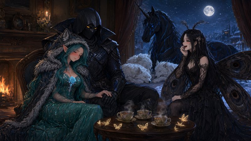 Dark fantasy character group shares tea by a fireplace, with magical creatures outside a moonlit ...