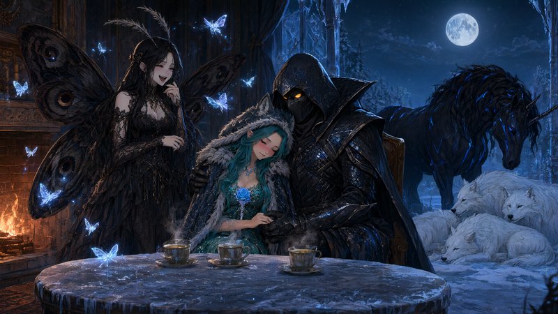 Dark fantasy tea party with moth fairy, hooded knight, teal-haired elf, and magical creatures by ...