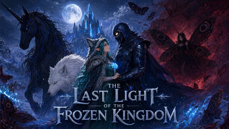 Promotional fantasy art for The Last Light of the Frozen Kingdom featuring magical characters and...