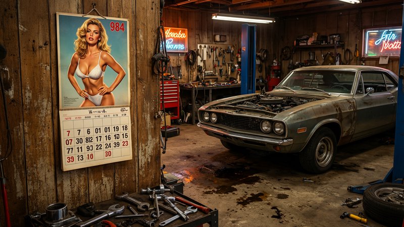 Retro mechanic garage with a project vintage muscle car and hanging pinup calendar on weathered w...