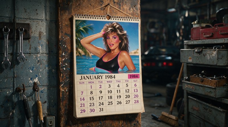 Vintage January 1984 pinup wall calendar hanging in a cluttered 1980s auto repair garage