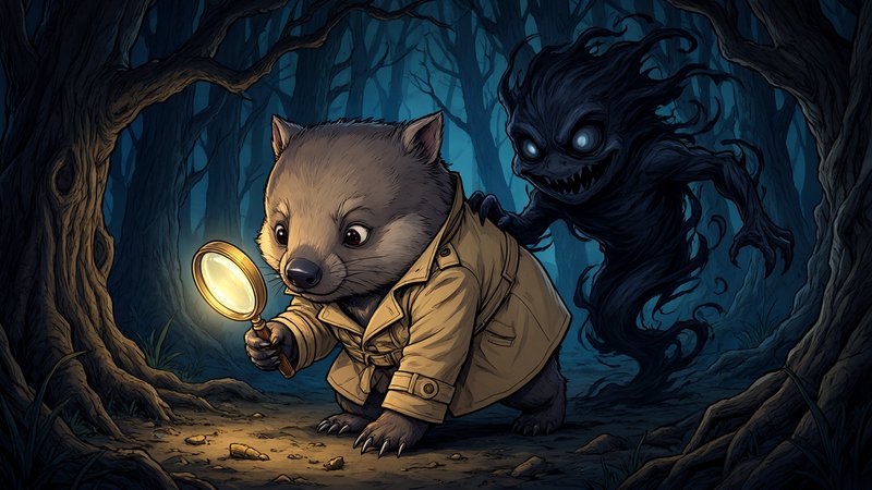 Anthropomorphic detective quokka with a glowing magnifying glass is approached by a shadow monste...
