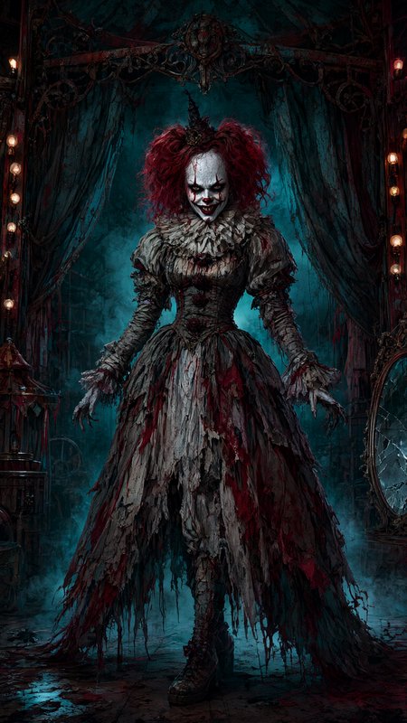 Menacing evil female clown standing on a foggy dilapidated vintage circus stage
