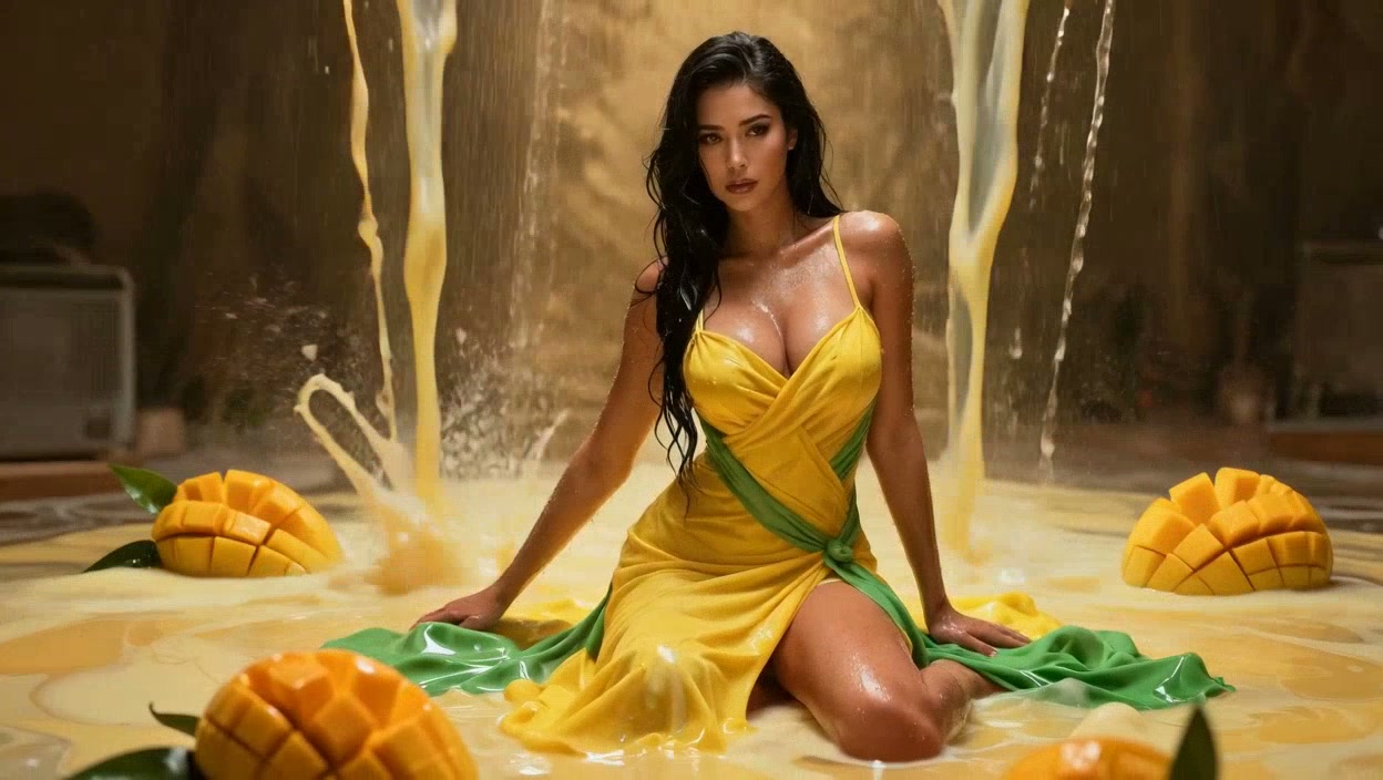 Woman in a yellow dress with a green sash kneels in a mango-themed pool of liquid, surrounded by ...