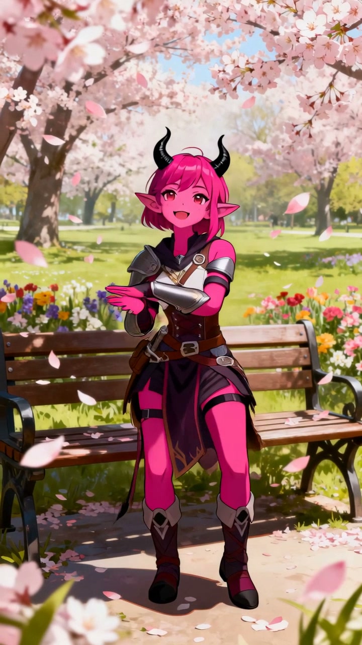 Pink-skinned anime demon in armor sitting on a park bench beneath cherry blossoms.
