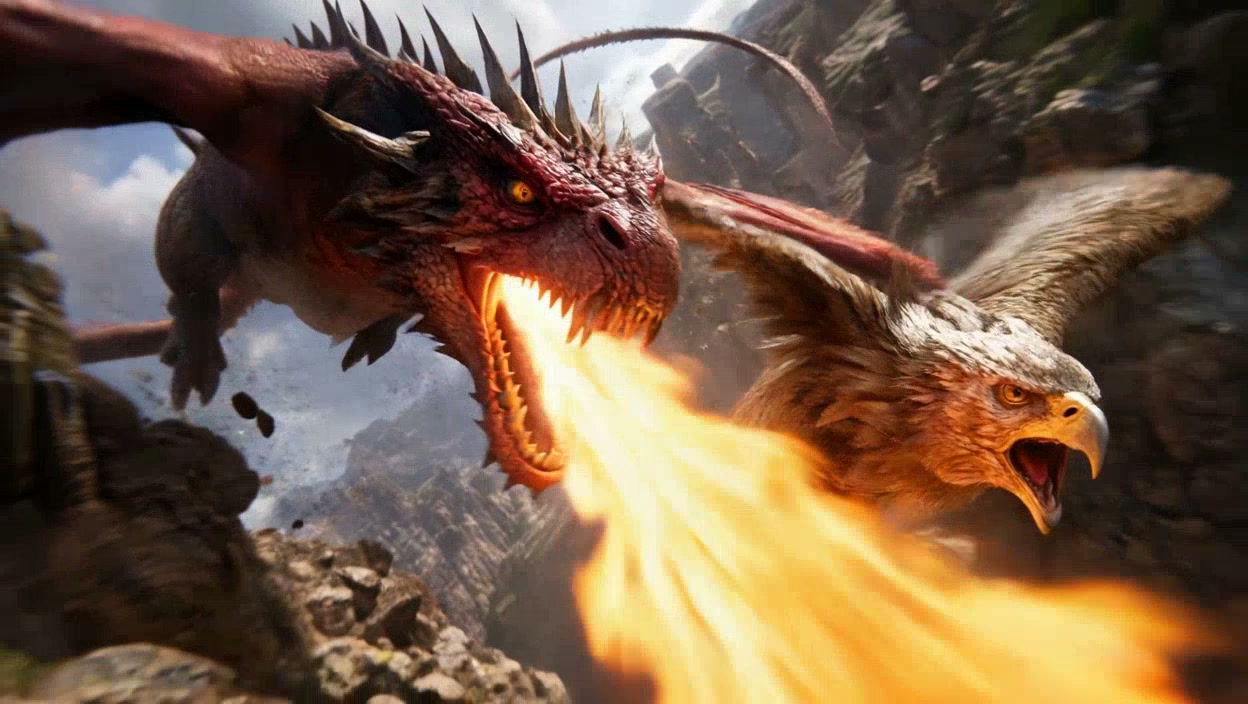 Two ferocious dragon and griffin-like creature clash as one breathes fire in a rocky canyon.