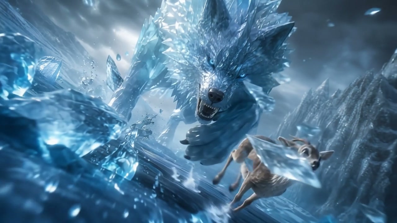 A colossal blue ice wolf lunges at a small dog amid jagged ice formations.