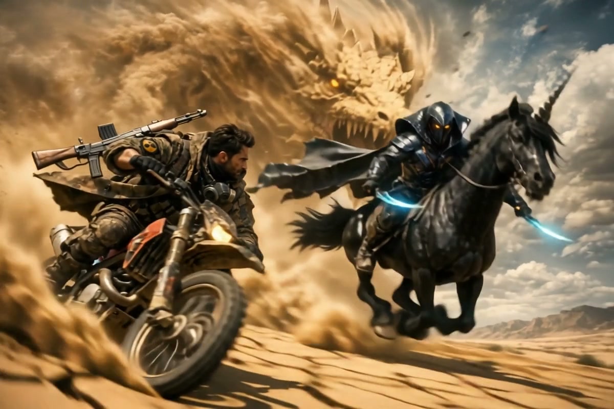 A rugged rider on a dirt bike chases a black armored horseman wielding a glowing blade amid a swi...