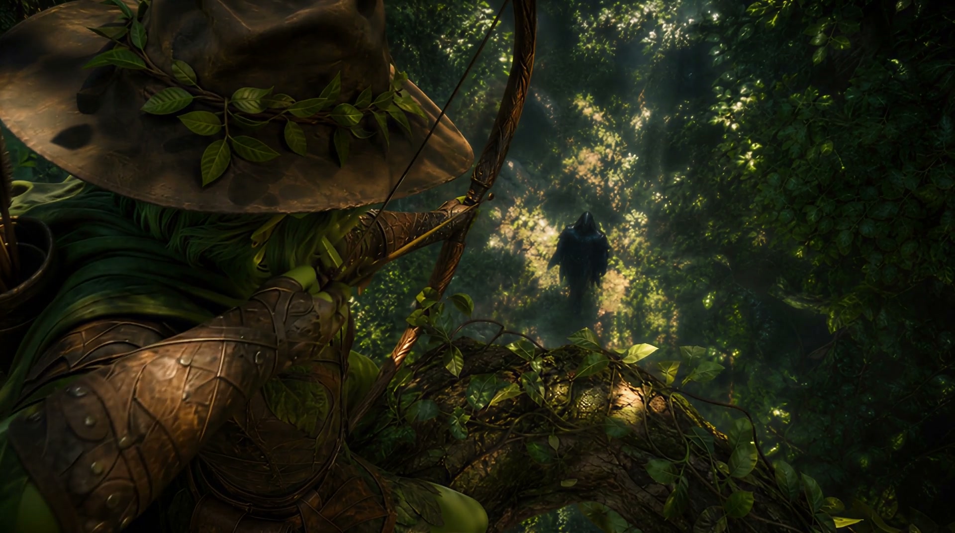 Hooded warrior in a dark cloak walks through a sun-dappled, misty jungle seen from a vine-wrapped...