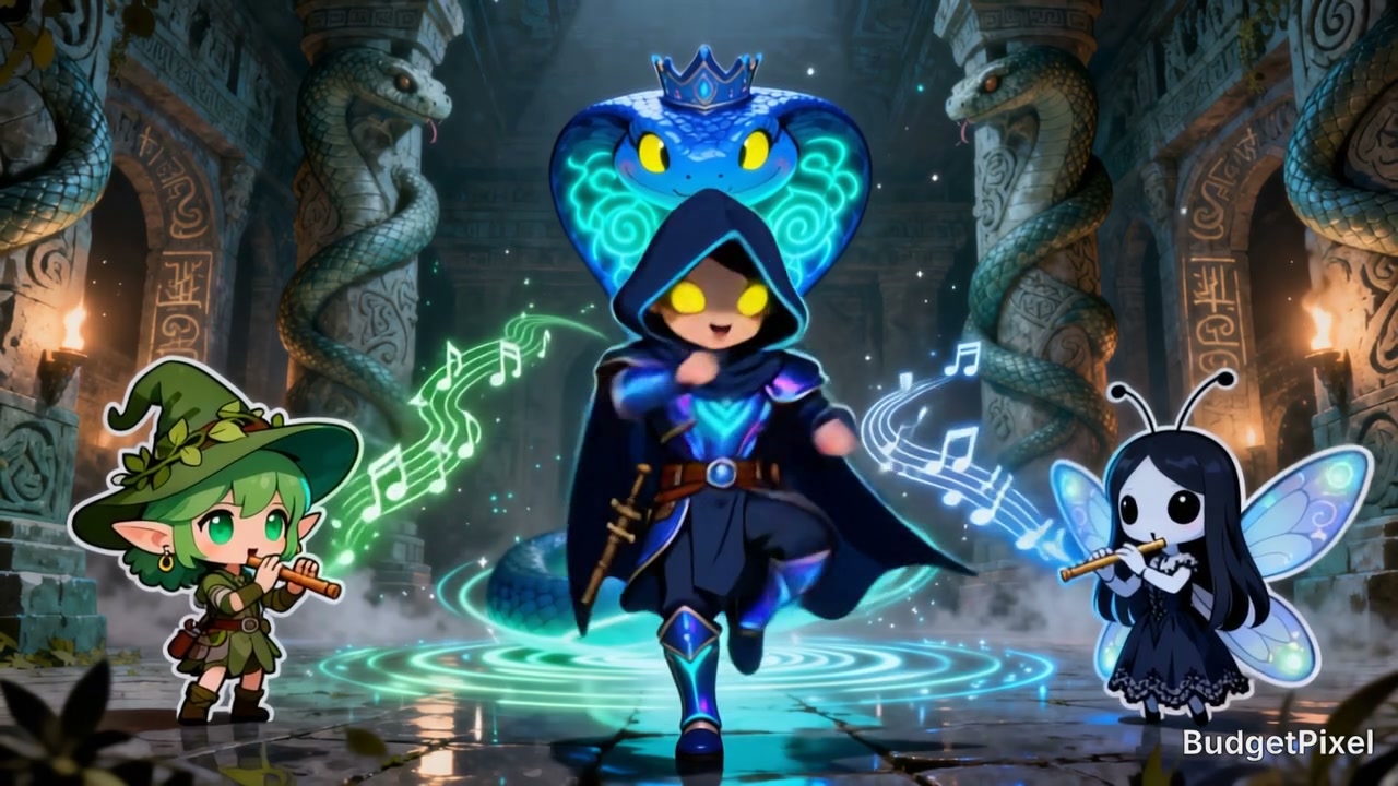 Chibi fantasy adventurers dance in an ancient serpent temple, with a glowing crowned cobra, elf a...