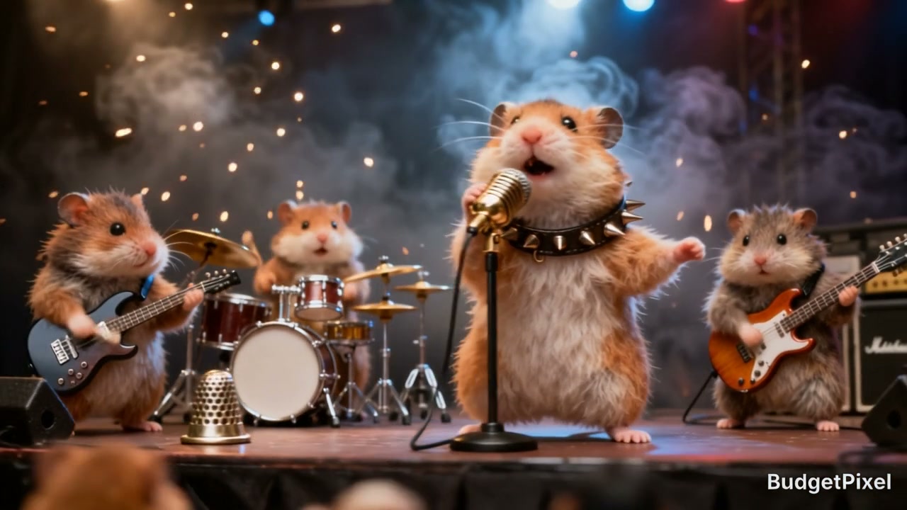 Whimsical hamster rock band performs live on a smoky lit concert stage with tiny musical instrume...