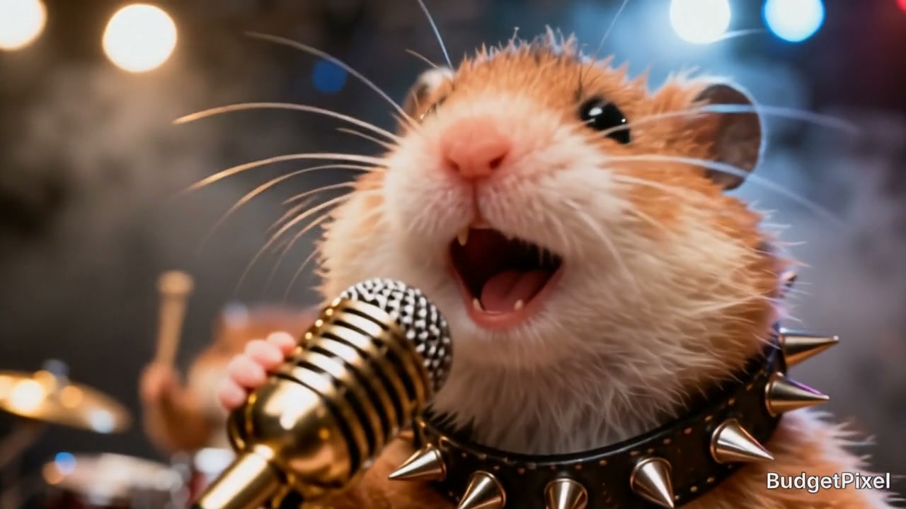 Close up of a hamster rock singer in a spiked collar singing into a vintage gold microphone on a ...