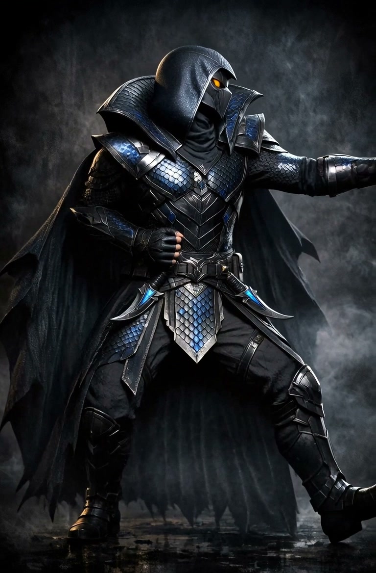 Hooded fantasy assassin in black and blue scaled armor stands in combat stance, glowing yellow ey...