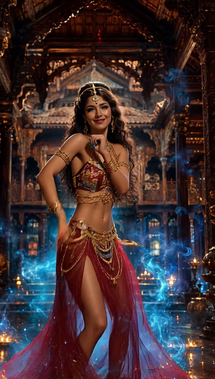 Smiling graceful fantasy belly dancer in ornate red and gold attire poses in a carved ancient pal...