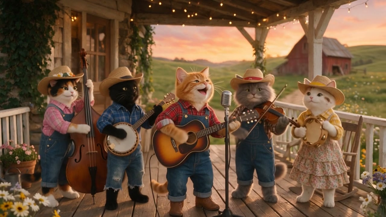 Five cute anthropomorphic cats in farm attire play bluegrass music from a rustic cabin porch at g...