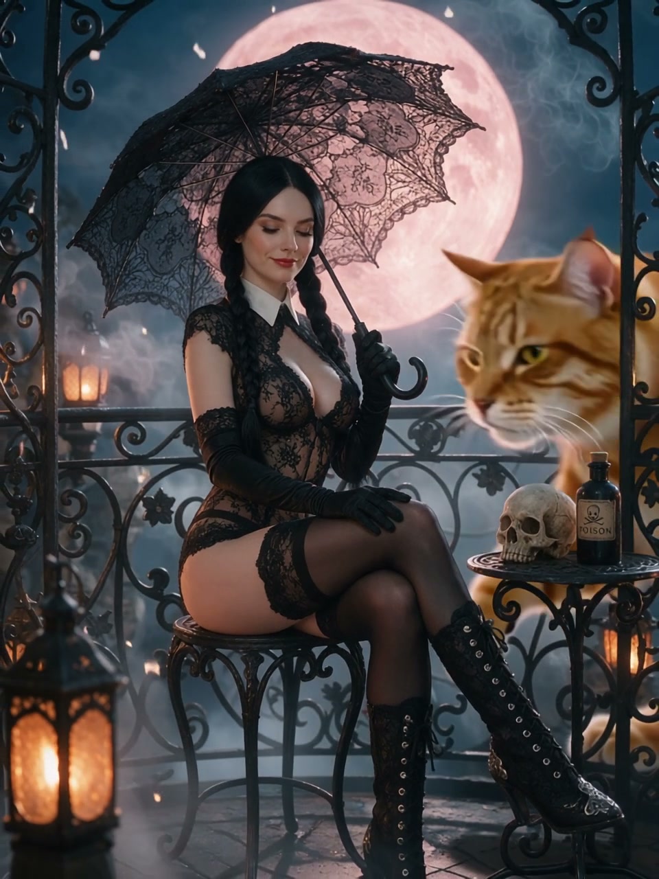 Gothic braided woman with lace parasol sits on misty moonlit balcony beside a giant ginger cat, s...
