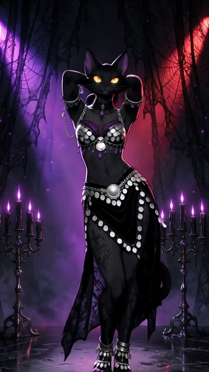 Anthropomorphic black cat fantasy dancer with glowing yellow eyes stands in a gothic cobweb chamb...