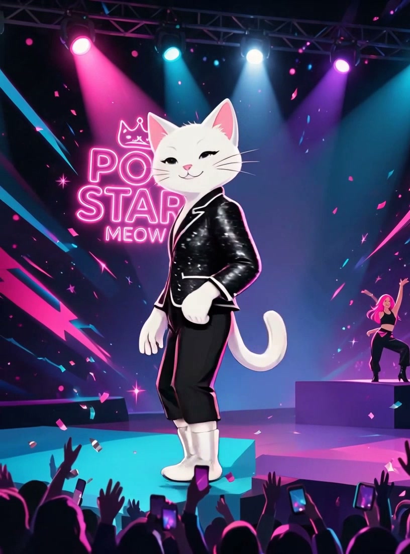 Anthropomorphic white cat pop star stands on a neon lit concert stage under spotlights, with fall...
