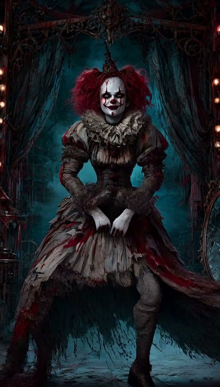 Menacing evil female clown standing center of a foggy abandoned gothic circus stage
