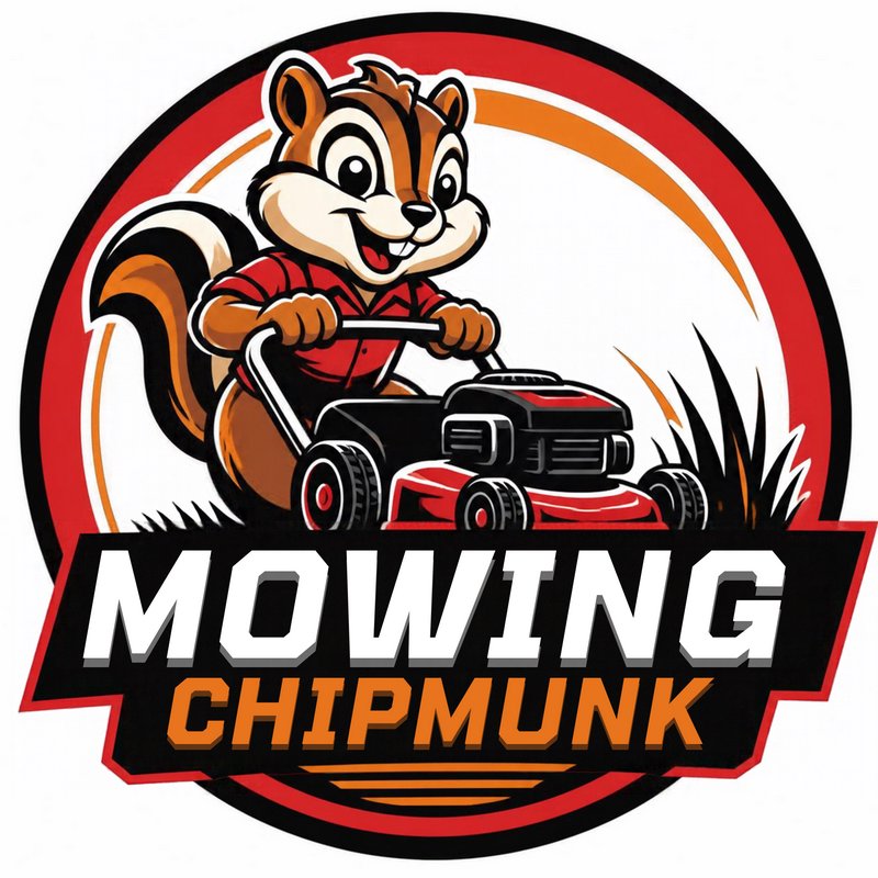 Grinning cartoon chipmunk operates a lawn mower in a circular lawn service mascot logo