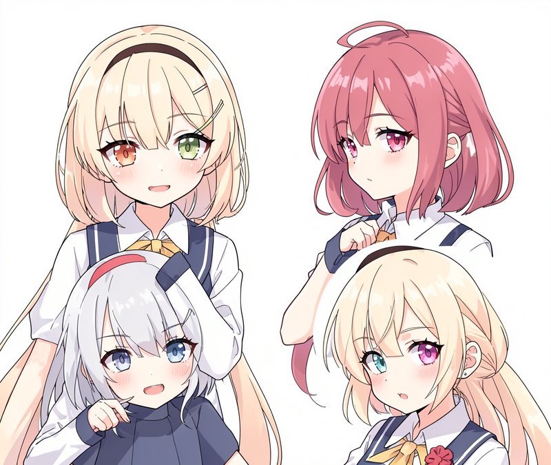 Four cute moe anime schoolgirls with unique hair and heterochromatic eyes on a plain white backgr...