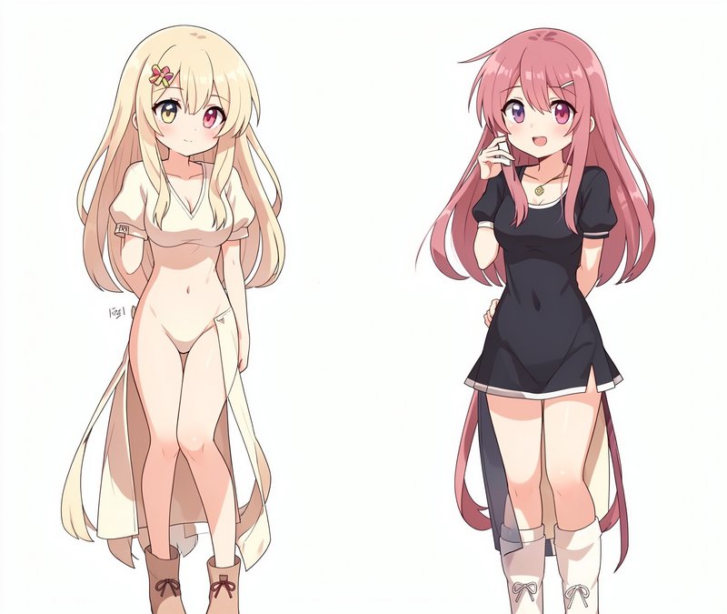 Two heterochromatic anime girls with long blonde and pink hair stand side by side against a plain...