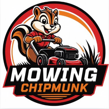 Smiling cartoon chipmunk operates a lawnmower for a lawn care business logo