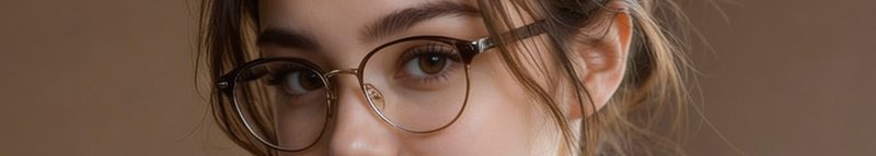 Close-up horizontal banner view of a young woman's face focusing on her brown eyes behind thin ro...