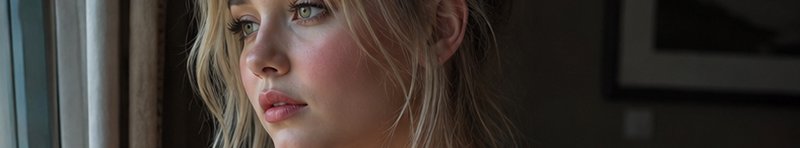 Close-up portrait of a pensive young blonde woman gazing out a sunlit indoor window