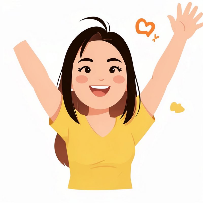 Cheerful young woman raises both arms in excitement beside a small drawn heart icon